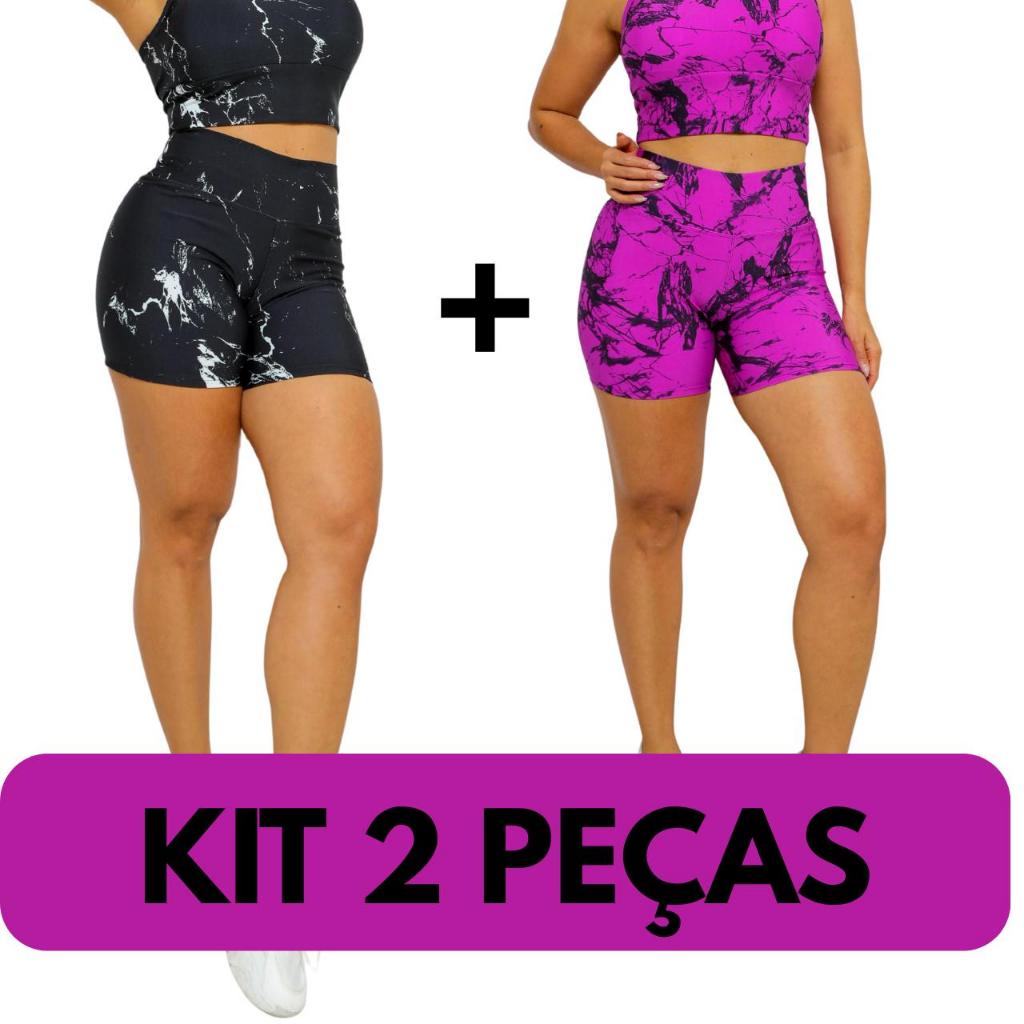 KIT 2 Shorts Fitness Feminino suplex Marmorizado Tie Dye Cintura Alta Academia zero Transparência