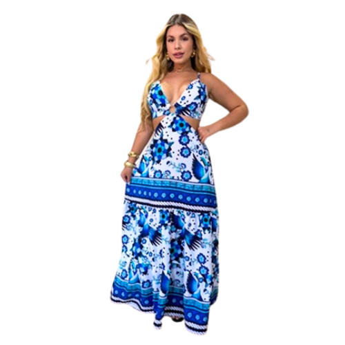 Vestido Longo Tropical Feminino com Estampa de Flores e Abacaxis – Decote V, Alças Finas e Saia Ampla