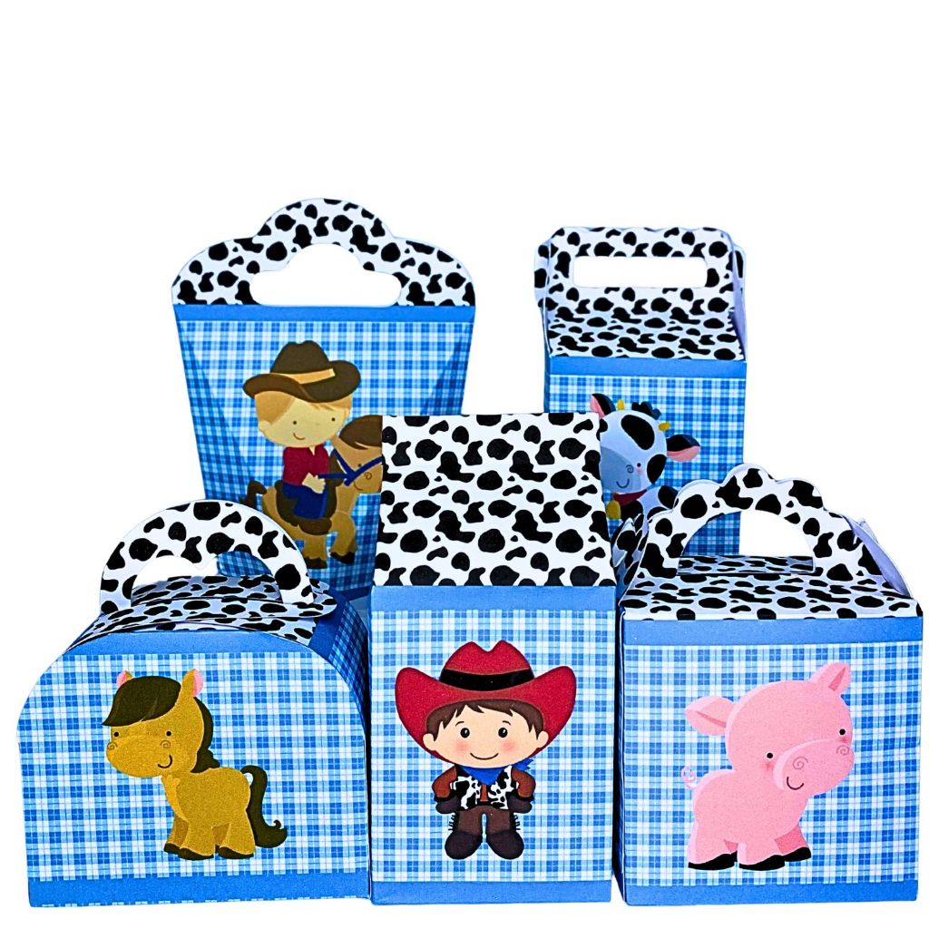 Kit Caixinhas Festa Fazendinha Azul Lembrancinha Tema Fazendinha Infantil Aniversário Menino Fazendeiro Pegue e Monte