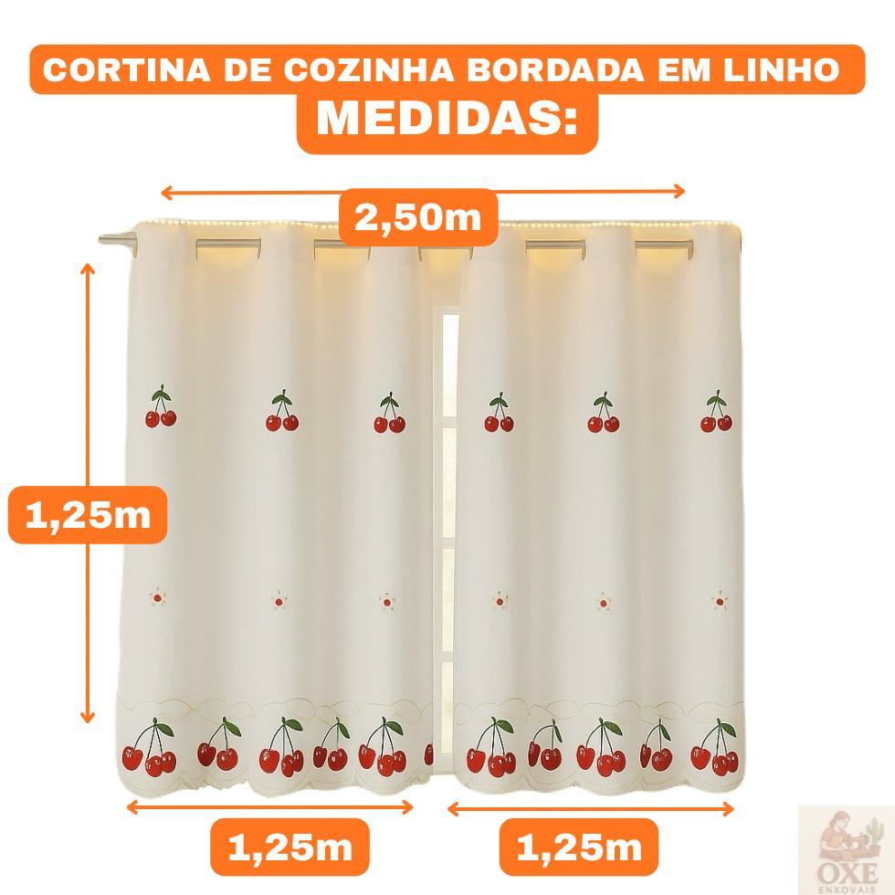 Cortina Cozinha Bordada em Linho 2,50 X 1,25 luxuosa