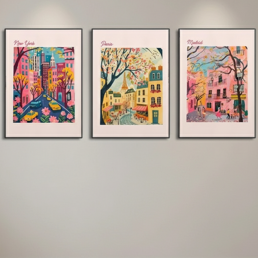 Quadros decorativos Abstrato Maison Matisse estilo paisagem viagem (3 peças)