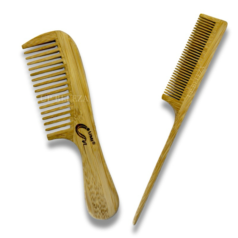 Kit 2 Pentes de Bambu Madeira Umi – Antiestático, Eco, Dentes Largos + Cabo Fino, Anti Frizz, Profissional