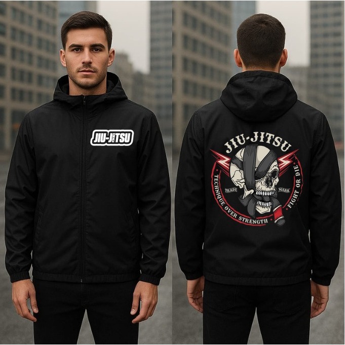 Blusa Jaqueta Corta Vento 100% Microfibra Com Capuz Masculino Estampado Jiu-Jitsu Tecido Premium