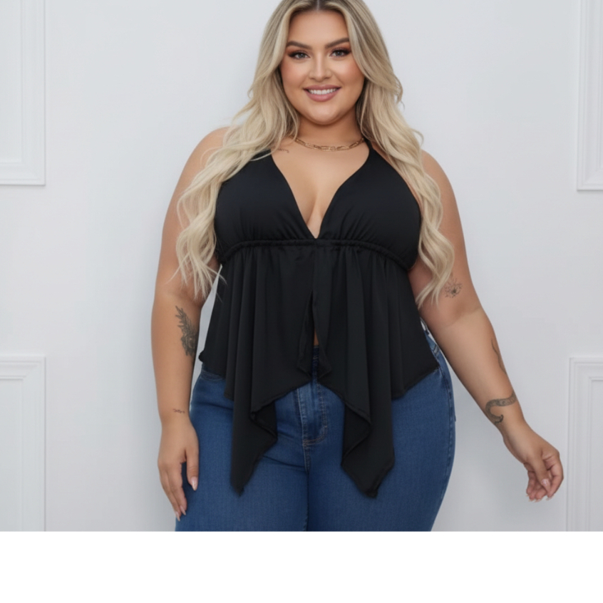 Top Frente Ùnica  Babado Tendencia Top Malibu Boho Chic Cropped Feminino Plus Size