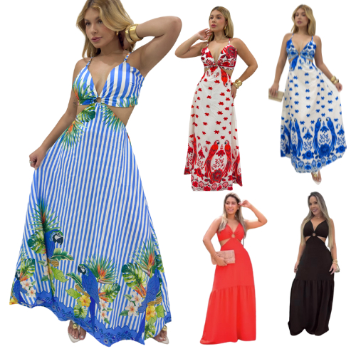 Vestido Longo Tropical com Estampa de Arara – O Look Perfeito para o Verão