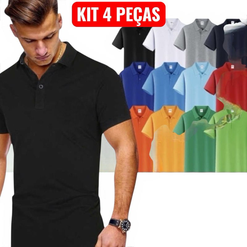 Kit C/4 Camisas Gola Polo algodão piquet Masculinas Básica Varias Cores