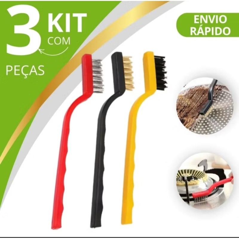 Escovas de Aço Multiuso Kit 3 Pcs Aço Latã Nylon Cabo Plástico