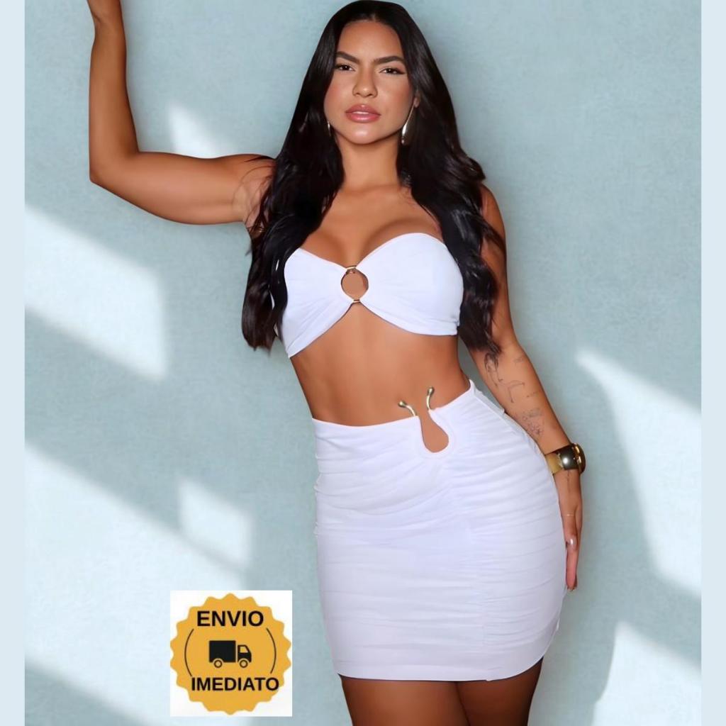 Conjunto Top Franzido e Saia Curta Com Argola – Look Festa Fim de Ano Estilo Blogueira em Oferta na Shopee