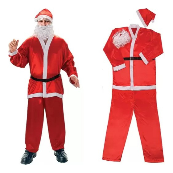 Fantasia Papai noel adulto Cetim 5 peças Camisa Calça Cinto Barba Gorro natal