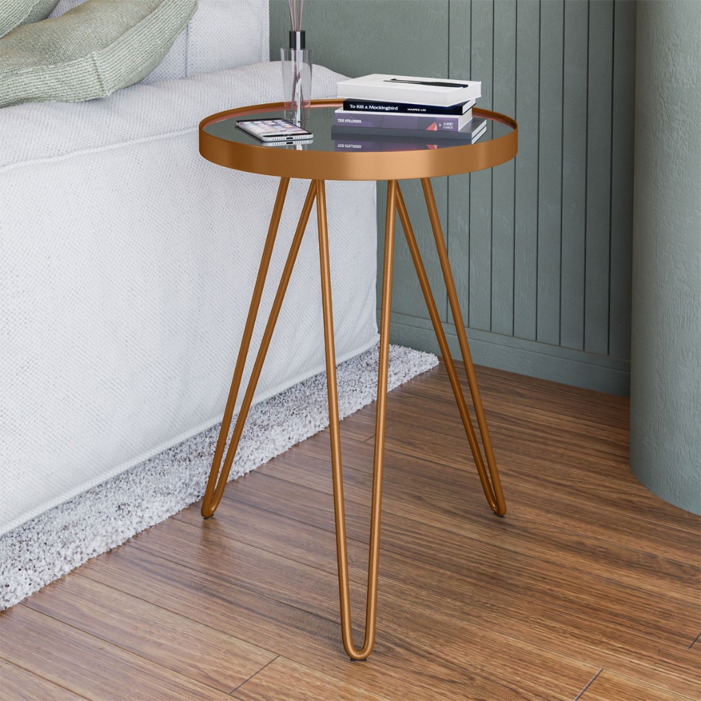 ENVIO FULL - Mesa Lateral Tripé Linea Estilo Industrial Com Espelho, Base Em Aço Para Sala Quarto E Decoração Moderna