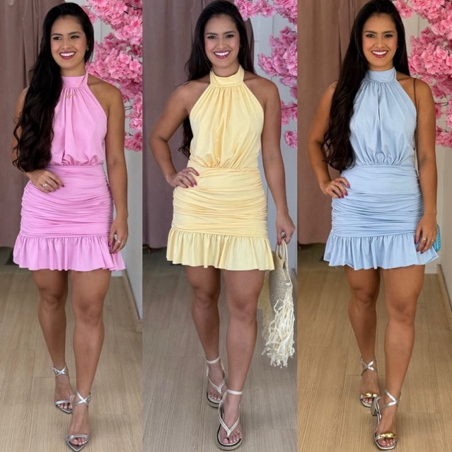 Vestido Feminino Suplex Curto Frente Única Gola Alta Amarração No Pescoço com Bojo Drapeado Babado Poliamida Tendência em Oferta na Shopee