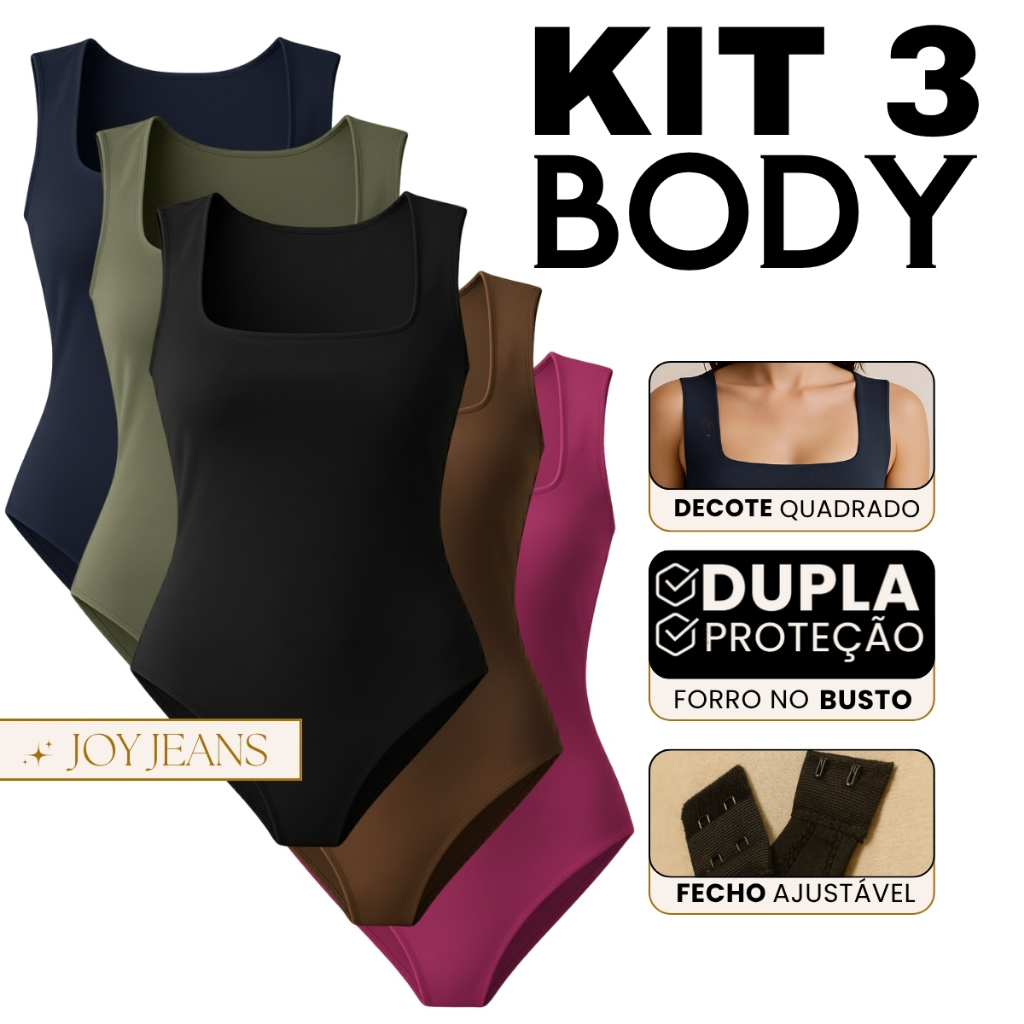 Kit 3 Body Decote Quadrado Regata Com Forro Duplo Suplex