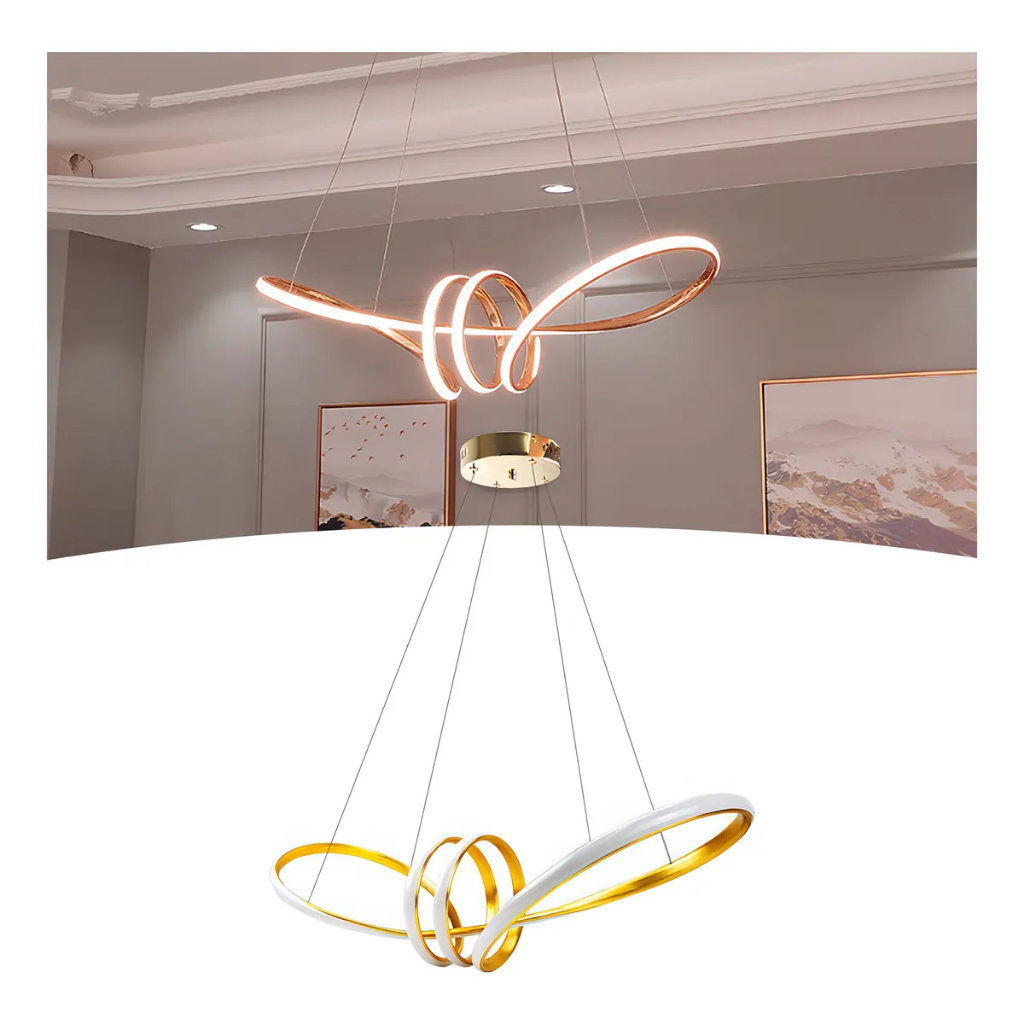 Pendente Lustre Infinito Sobrepor Trenddecor 60W Cromado Dourado 4500K Luz Neutra