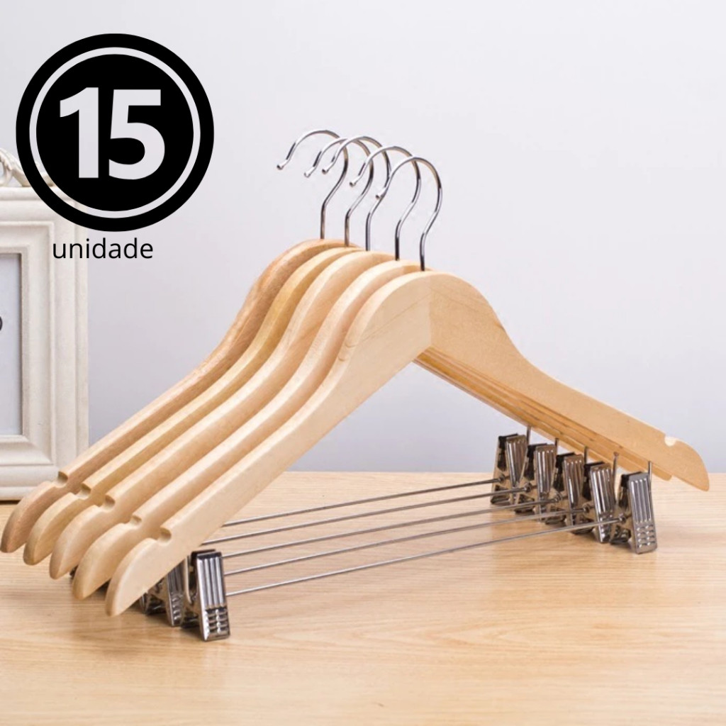 Cabide de Madeira com Presilhas - Verniz kite com 5 roupa organizaçao cauça ombreira  Closet Cabideiro armário Organizaç