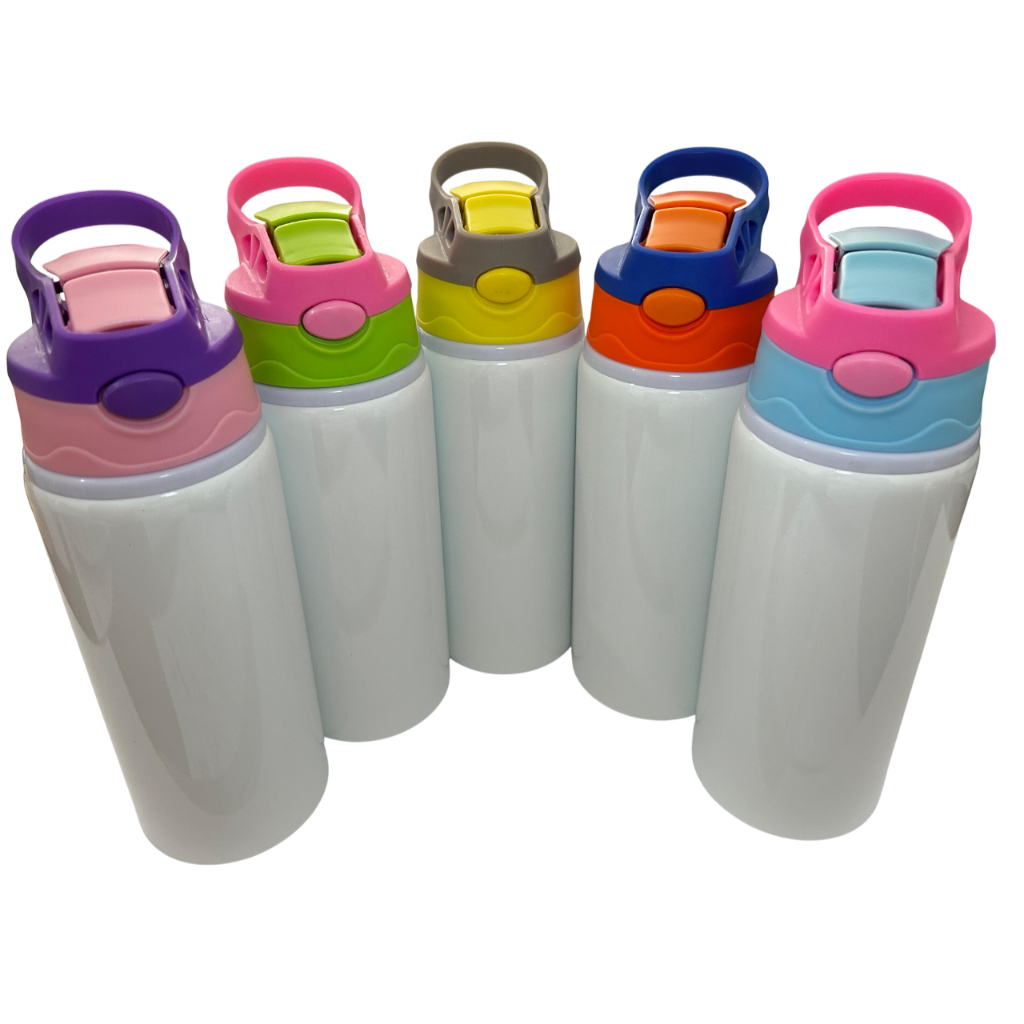 01/2/4 Garrafa Infantil Alumínio 600ml Sublimação Tampa Automática Diversa Cores Caixinha Individual