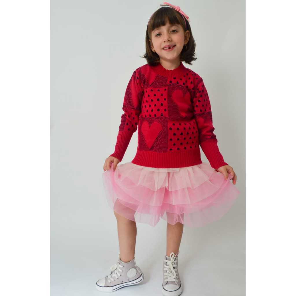 Blusa Gola Redonda Jacard Coração Gotas Punhos Largos barras Caneladas Costas Lisas.
