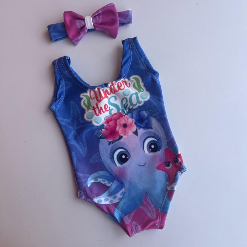 Maiô biquíni Bebê moda praia roupa de banho + Laço de cabelo 5 - 24 meses