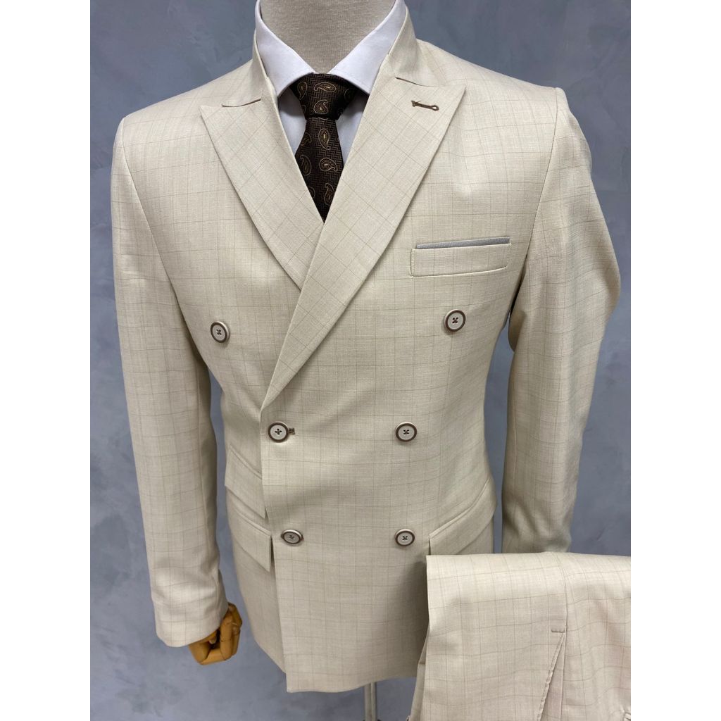 Terno Transpassado Poliviscose Creme Quadriculado Lapela Larga 3 Bolsos Masculino Linha Premium