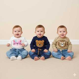 Conjunto de Bebê com Body Longo Bordado e Calça Jeans em Oferta na Shopee