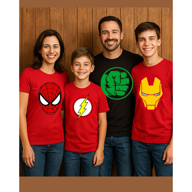 Camiseta [Algodão] Heróis Homem Aranha Hulk Flash Homem de Ferro Mulher Maravilha Batman - Unissex - Tam 2 ao G5