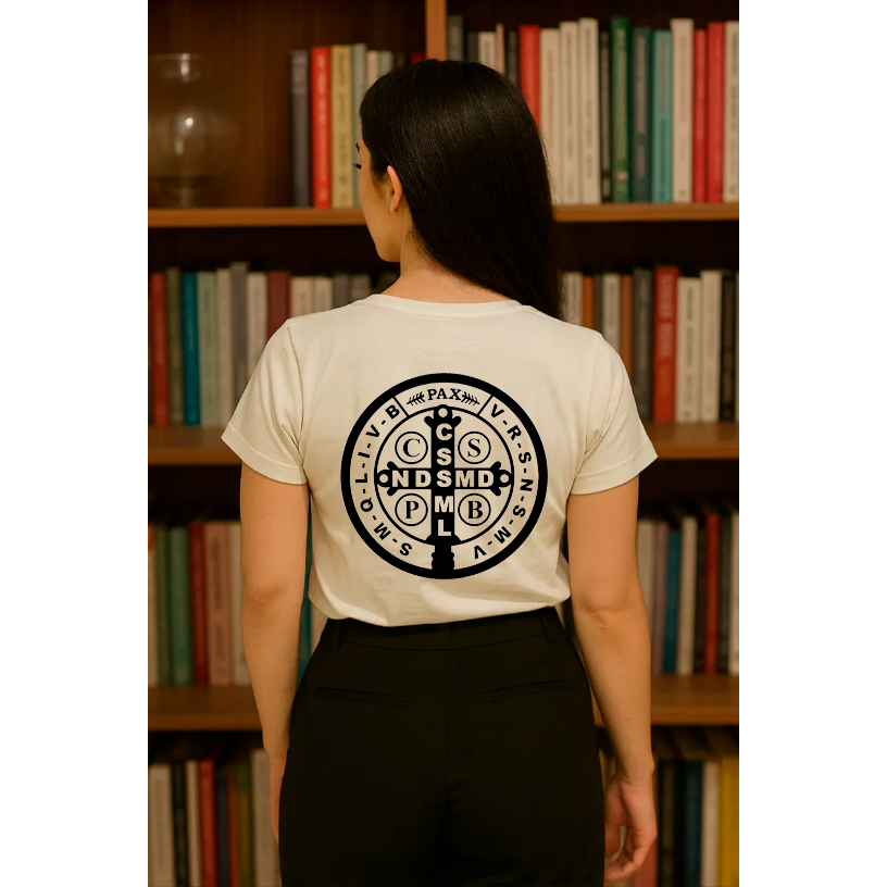 Tshirt Feminina Camiseta Baby Look São Bento Algodão Blusa Camisa Cristã Religiosa Moda Católica Casual