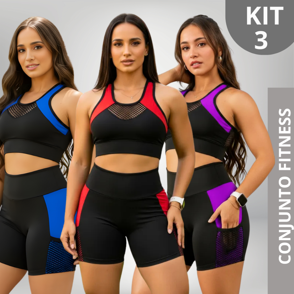 KIT 3 Conjunto Fitness Feminino Top + Short Cós Alto Roupa de academia Feminina Cropped Ginastica em Oferta na Shopee