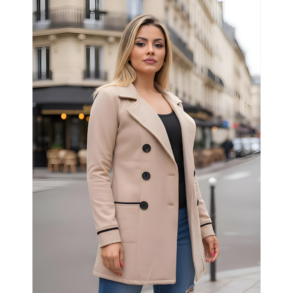 Casaco Sobretudo Moletom Quente Feminino C/ Botões Gola Dobrável Moda Inverno Do P ao G3