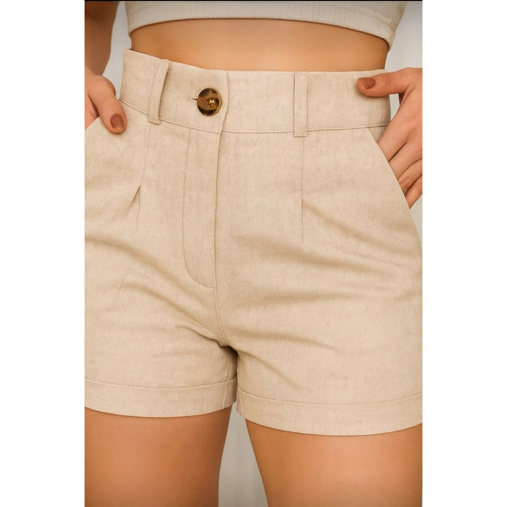 Short Linho Feminino Bolso Faca Ziper e Botão Elegante em Oferta na Shopee