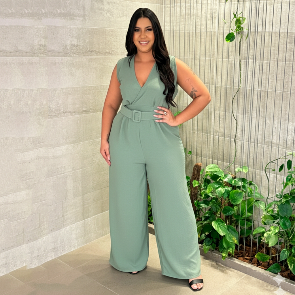 Macacão Feminino Elegante Longo Regata Tecido Duna com Cinto Plus Size.