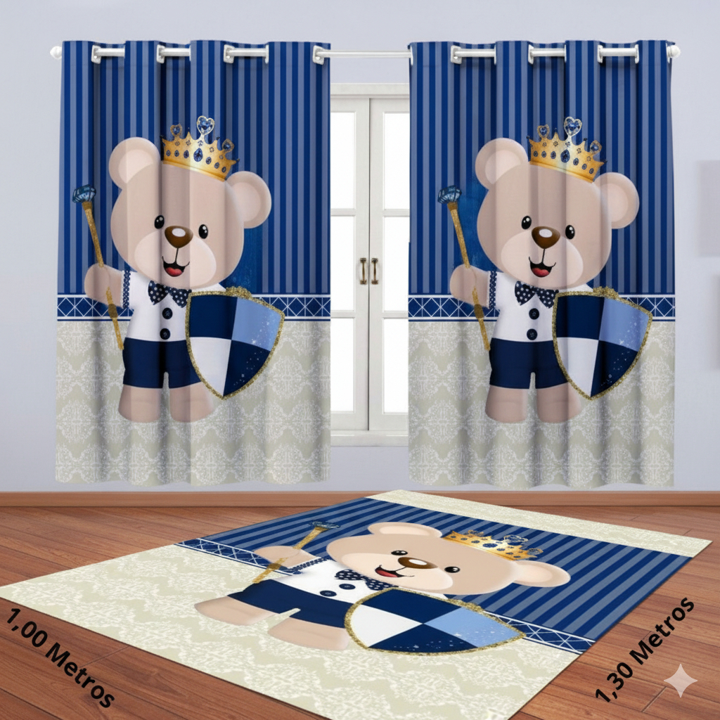 Kit 2 Pçs Tapete e Cortina Urso Azul Marinho Príncipe Meninos Bebê Decoração Quartos Lavável Barato