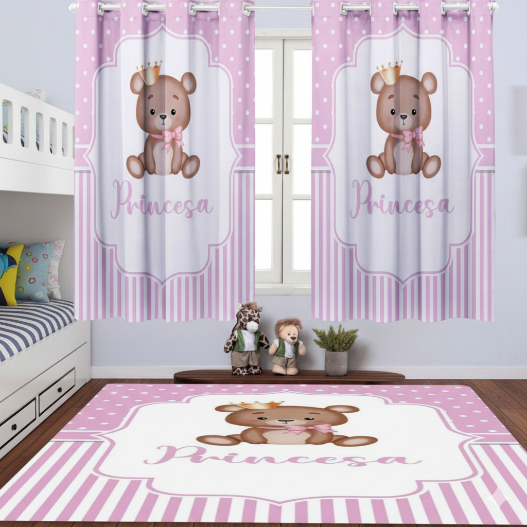 Kit 2 Pçs Tapete e Cortina Urso Rosa Princesa Bebês Menina Decoração Quartos Promoção Barato Lavável