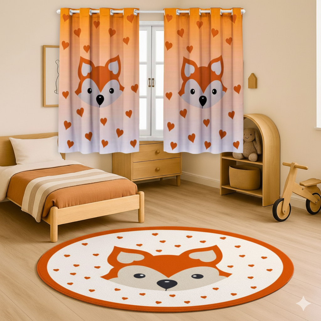 Kit 2 Pçs Cortina e Tapete Redondo Raposa Quarto Decoração Menino Menina Barato Antiderrapante Macio
