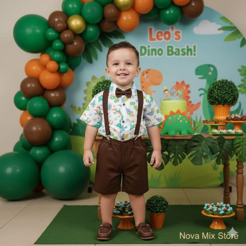 Conjunto Temático Infantil Camisa Estampada Dinossauro com Gravata,Suspensório e shorts Marrom Aniversário