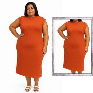 Vestido Plus Size Feminino Midi Manga Curta Básico Curve Canelado em Oferta na Shopee