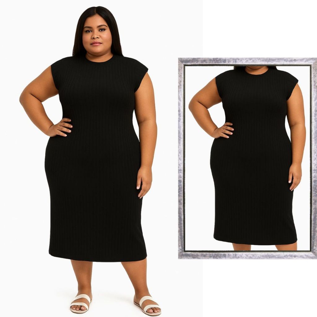 Vestido Plus Size Midi Feminino Canelado Manga Curta JaponesaTubinho Muscle Tee