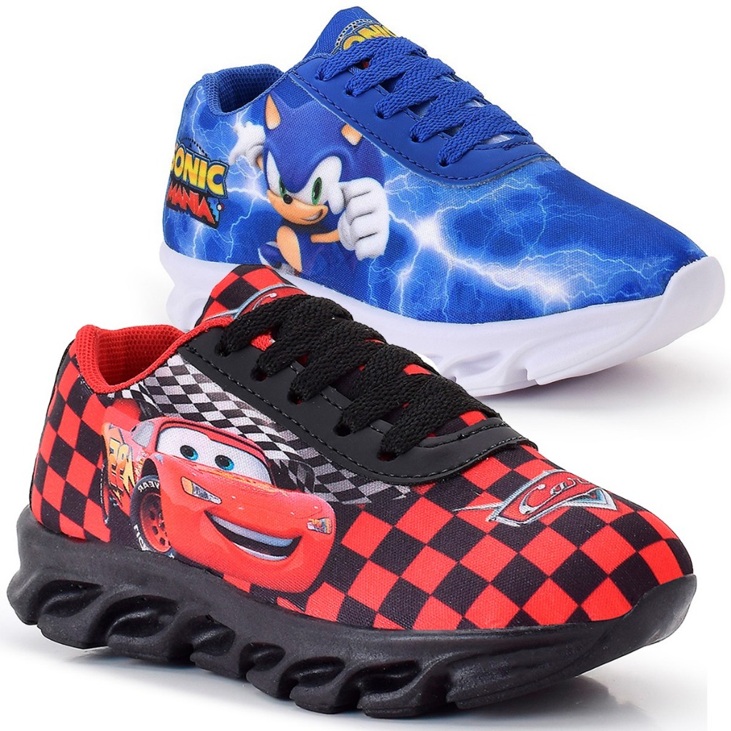 Kit 2 Tênis Infantil Menino Relâmpago McQueen e Sonic Super Confortável e Leve All Kids