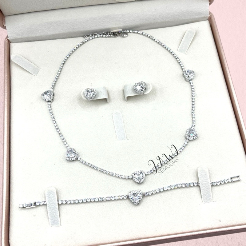 Corrente Choker Riviera Corações Cravejado Banhado a Prata Legitima Joias Femininas Brilhante