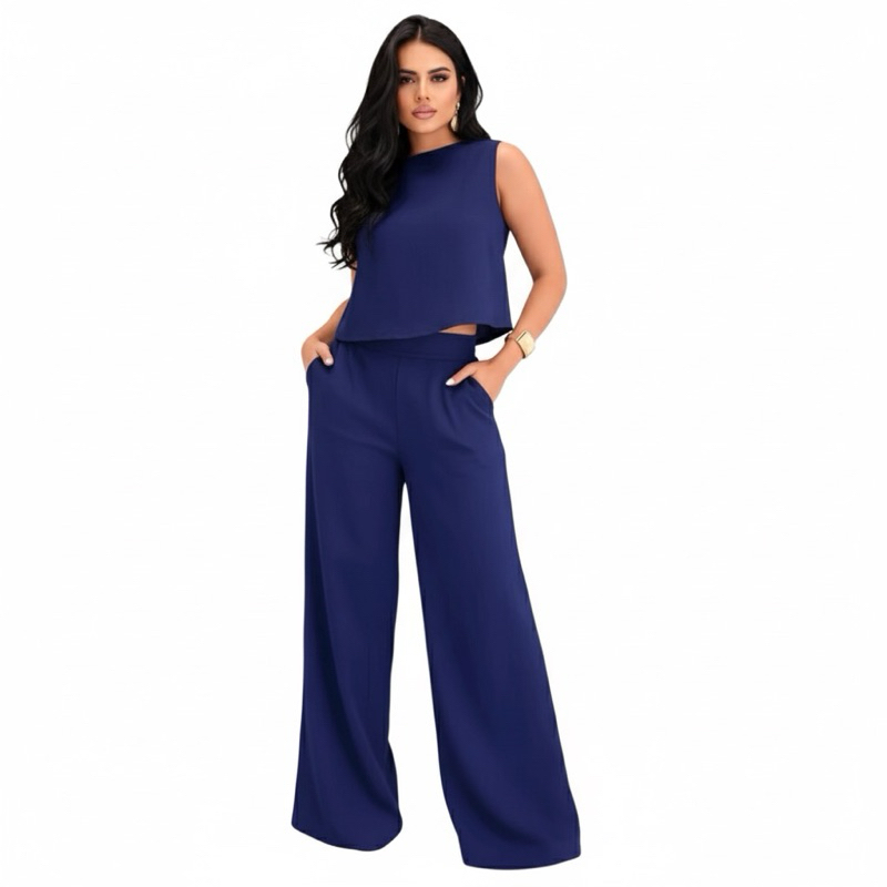 Conjunto Feminino Blusa e Calça Pantalona de Linhao corte Alfaitaria Casual Elegante