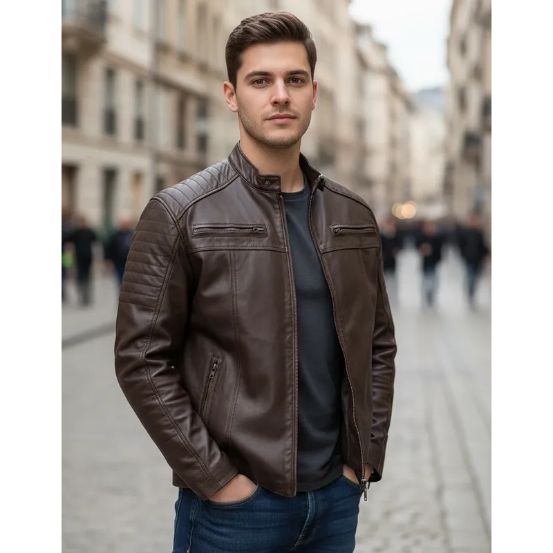 Jaqueta de couro legítimo masculina couro premium Dharok Marrom café e preta