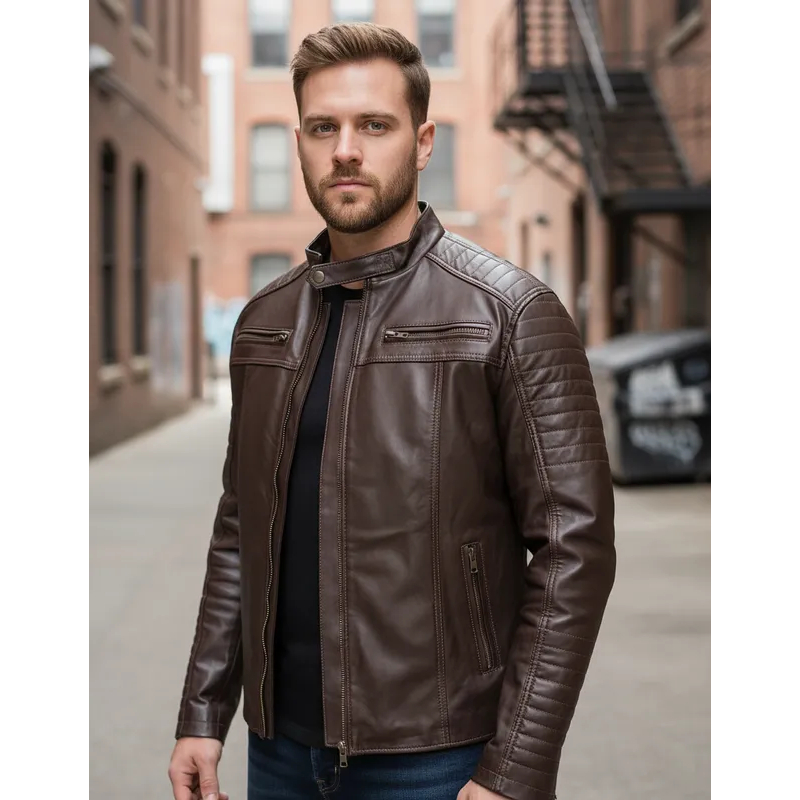 Jaqueta masculina de couro legítimo bovino premium Dharok Marrom café e preta