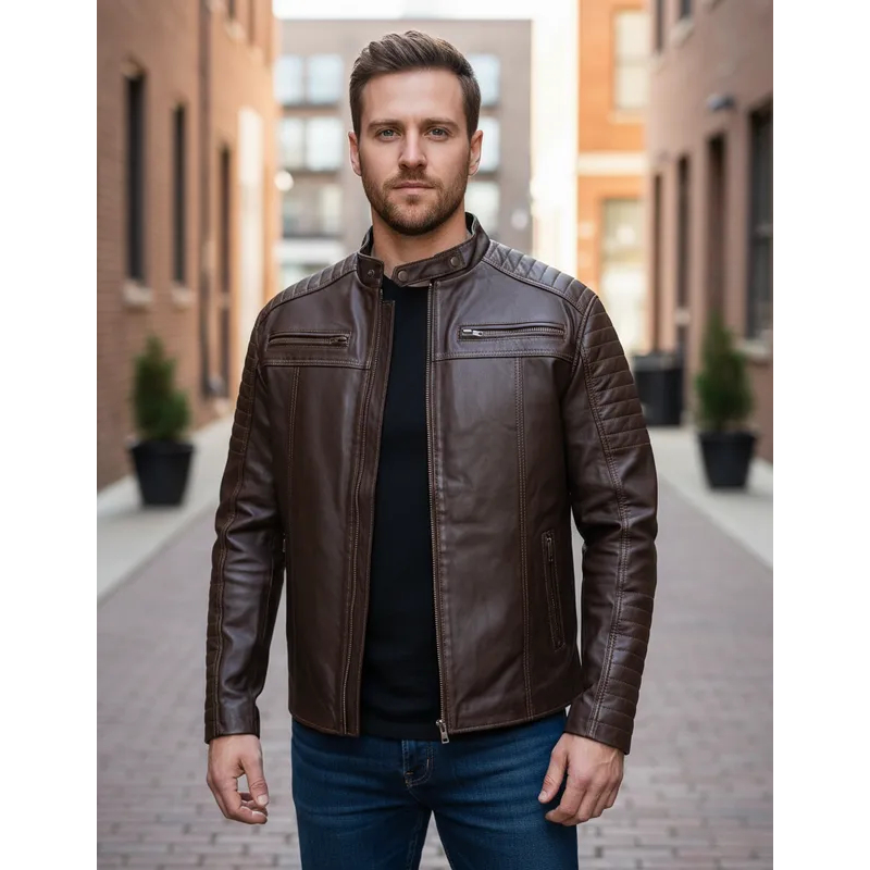 Jaqueta masculina couro legítimo bovino premium Dharok Marrom café e preta