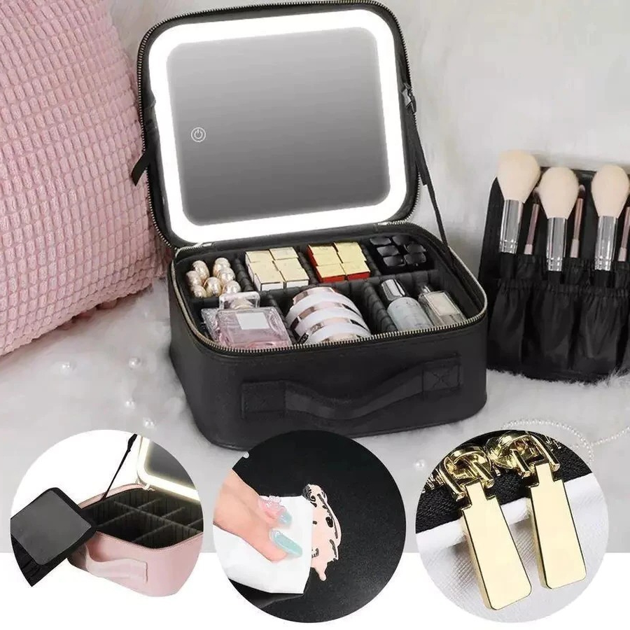 Um conjunto completo de caixas de maquiagem profissional com espelho, luz LED e paleta de maquiagem em Oferta na Shopee