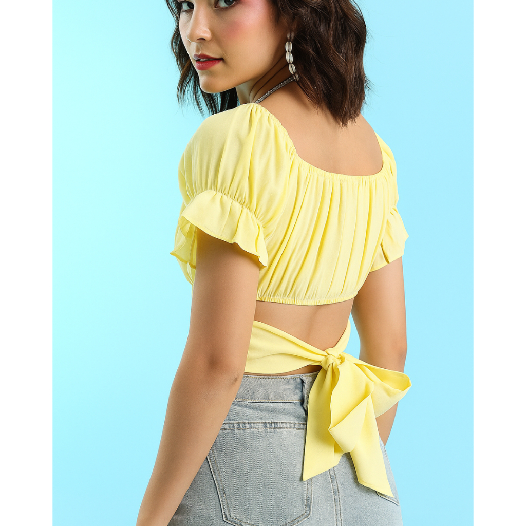 Blusa Feminina Cropped com Laço nas Costas – Manga Bufante, Decote Quadrado e Várias Cores