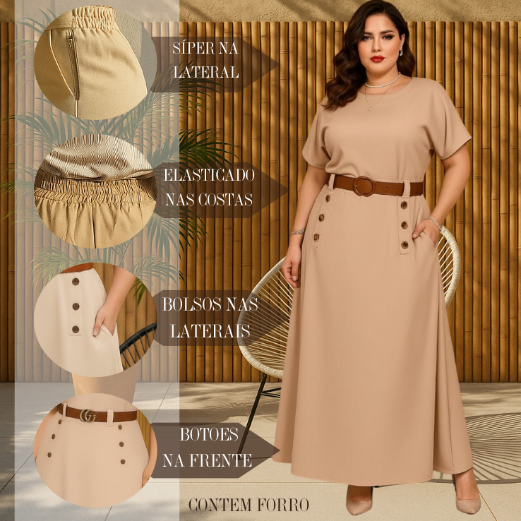 Conjunto Linho Feminino Plus Saia Com Forro + cintura elástica +Blusa Casual elegante sem Cinto