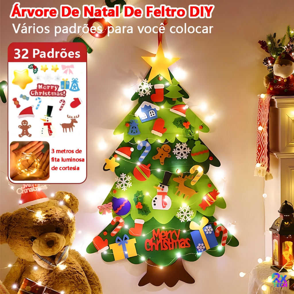 Árvore De Natal De Feltro DIY 32 itens decorativos 30 luzes LED 4 Estilos Múltiplas
