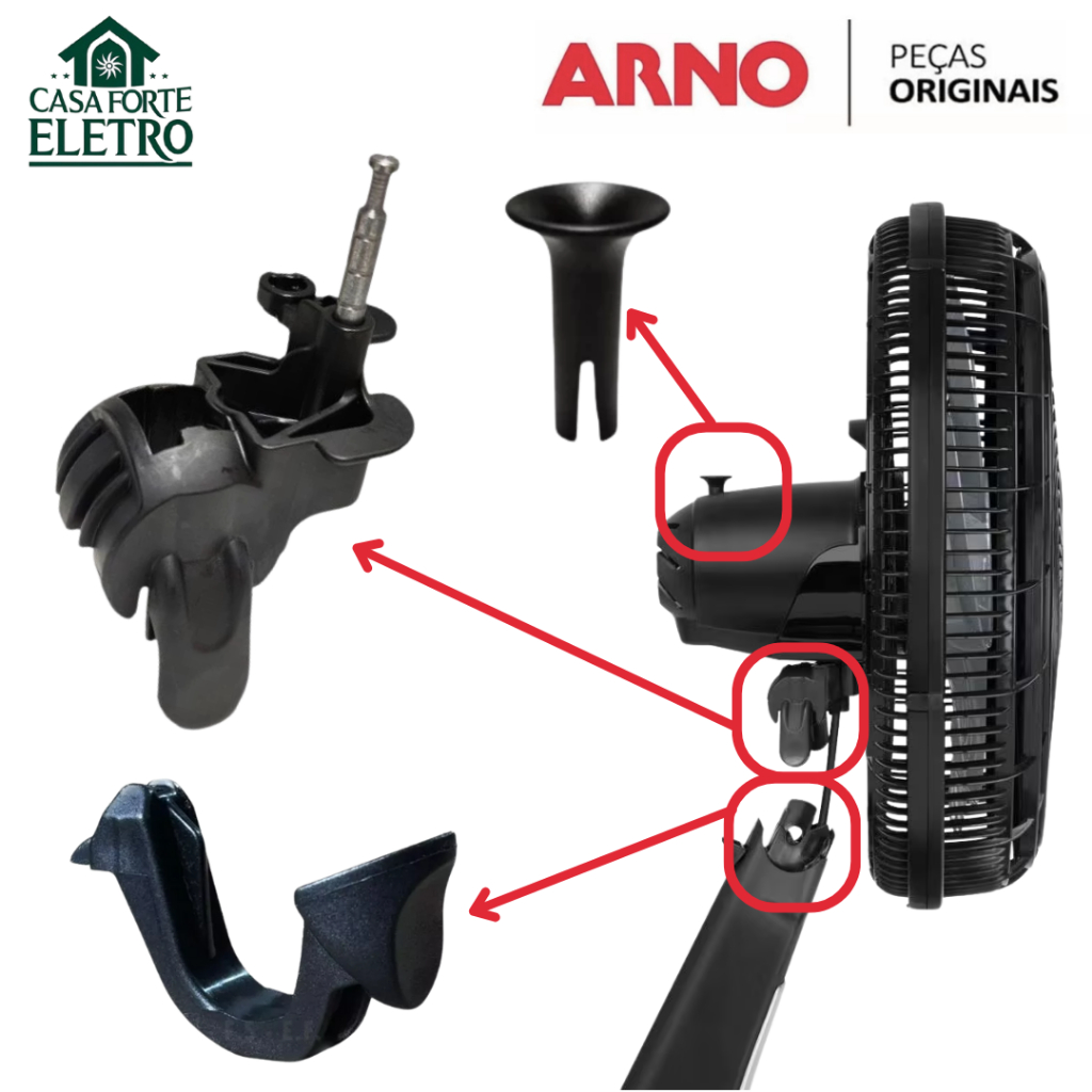 Kit Pescoço Articulador +  Trava Ejetora  + Pino oscilação original Ventilador Arno 40 cm