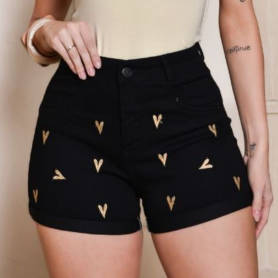 Short Preto Jeans Bordado feminino com lycra cintura alta cos alto confortavel elegante Moda Verão em Oferta na Shopee