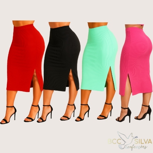 Saia midi canelada Feminina com fendas laterais Cintura alta em Oferta na Shopee