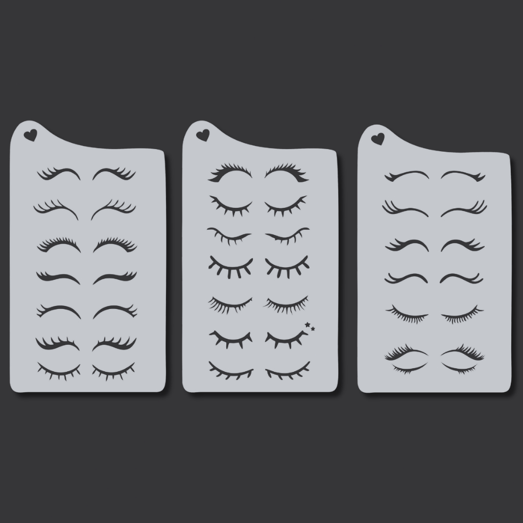 Kit 21 Stencil Olhos e Cilíos Fofo Molde Vazado Pintura Olhinhos para Tecido Pano Prato Confeitaria