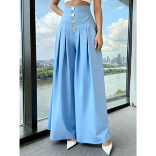 Calça Pantalona Feminina Solta, de Cor Sólida, com Botões na Frente e Pregas P M G em Oferta na Shopee